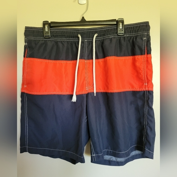 Men's GAP Navy Blue and Orange Striped Swim Pool Shorts UPF 40 Size XL - Picture 1 of 3